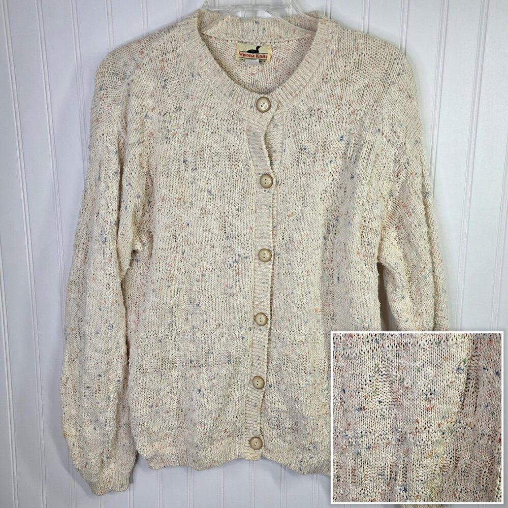 Vintage Winona Knits Cardigan Sweater Womens Small White Cotton Confetti USA